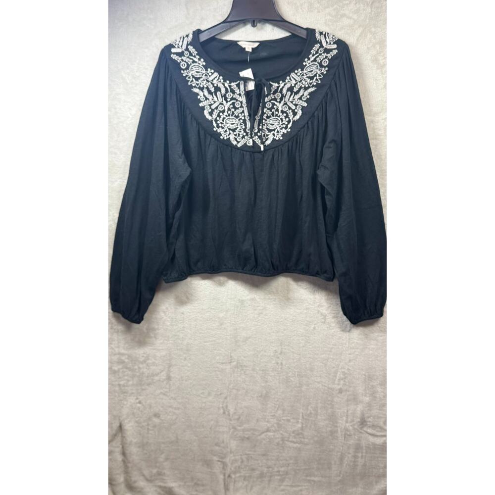 Lucky Brand NEW Womens Blouse XL Black Knit Embroidery Pullover Long Sleeve Tie